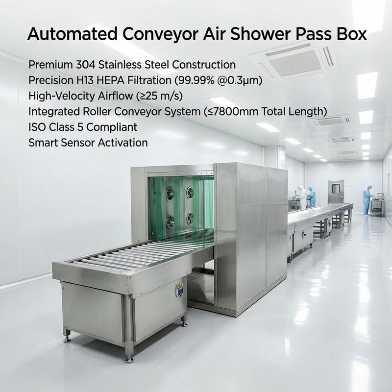Geïntegreerde luchtdouche met dubbele HEPA-filters en 304 roestvrijstalen frame voor ISO 14644 & GMP-compliant Cleanroom Transfer System